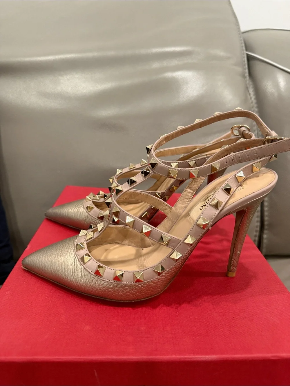 Valentino Metallic Gold Rockstud Pointed T-Strap Pumps